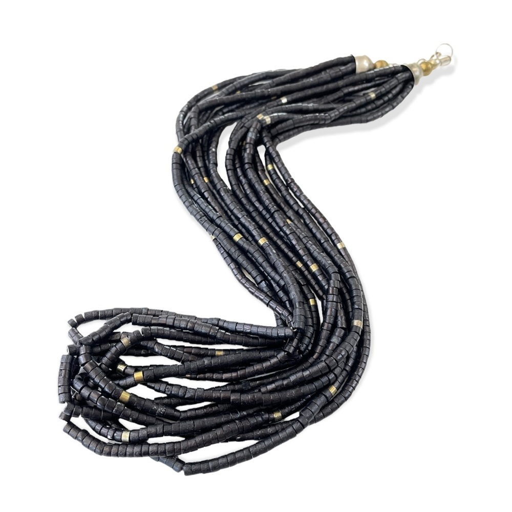 Vintage 1970s Coconut Shell Bead Black & Metallic Necklace
